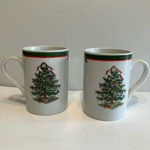 2 Pacific Rim Porcelain Christmas Tree Mugs White Red Green